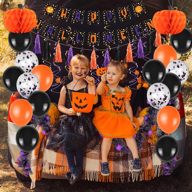 Jcoos Trunk or Treat Car Decorations Kit - 47PCS Halloween Decorations Halloween Garage Door Decorations Trunk or Treat Kits with Happy Halloween Banner, Halloween Balloons, Party Kit, Swirls, Tassel - Image 2